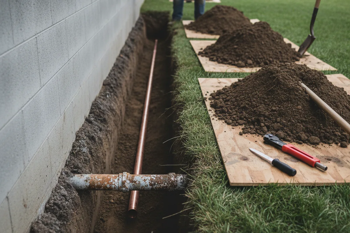 Excavated water line trench during Sewer Line Repair in Allred
